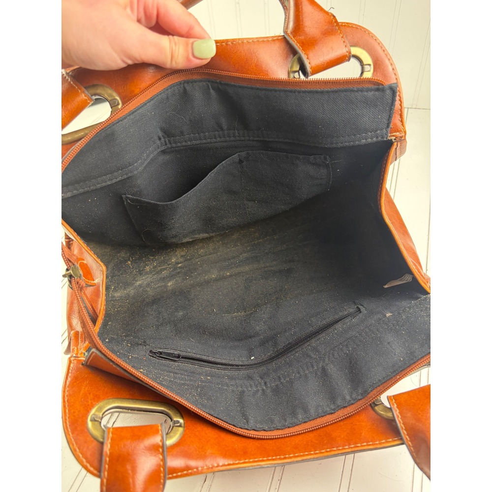Vintage Y2K Cognac Brown Leather Multi-Pocket Shoulder Bag Satchel Purse - Picture 7 of 12